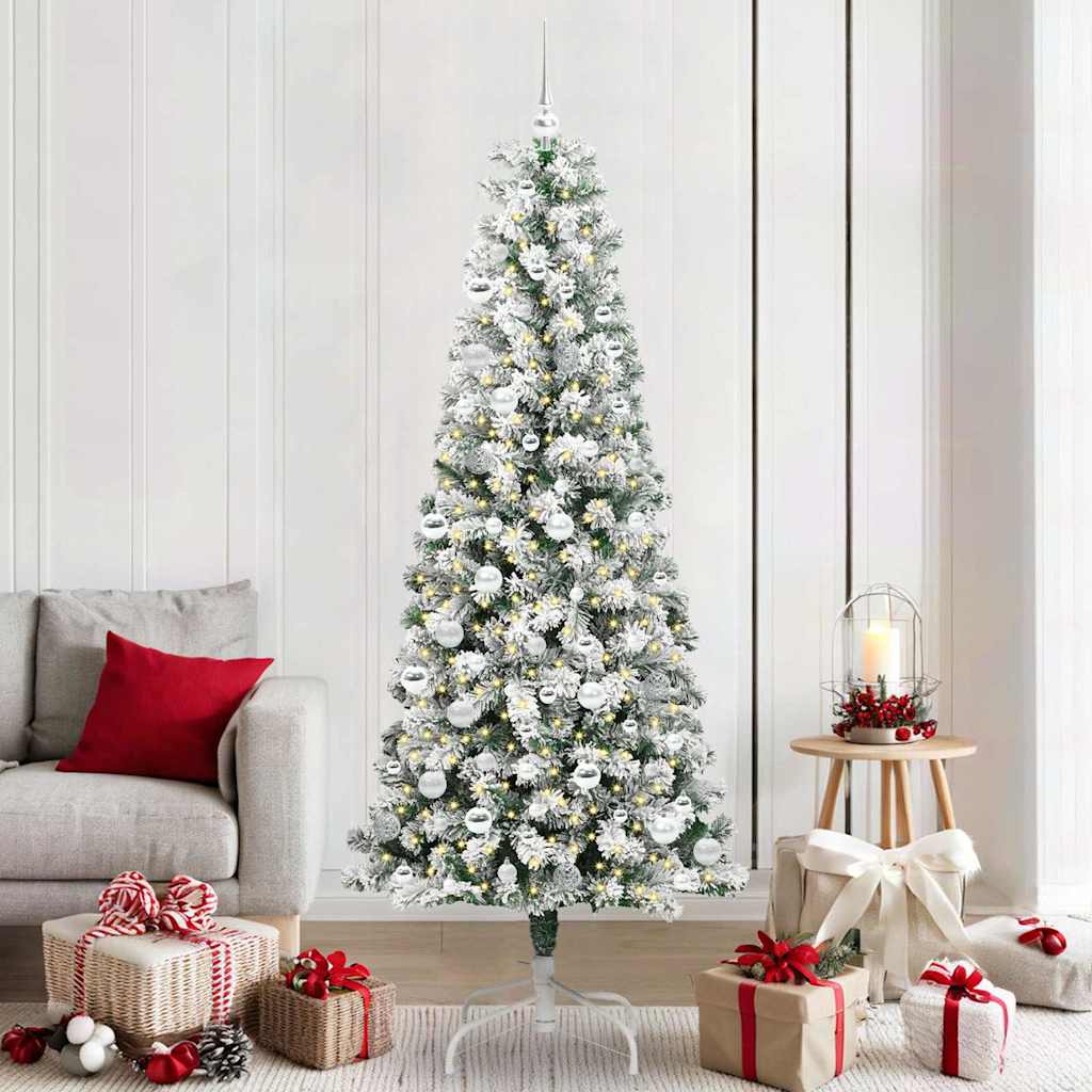Artificial Hinged Christmas Tree Green and White 210 cm with LEDs &silver balls