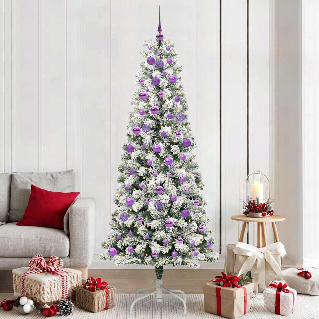 Artificial Hinged Christmas Tree Green and White 210 cm with LEDs &lilac balls