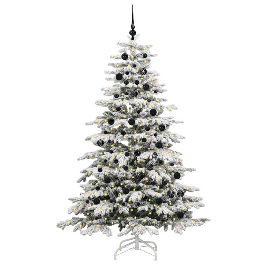 Artificial Hinged Christmas Tree White PE and PVC 210 cm with LEDs &black balls