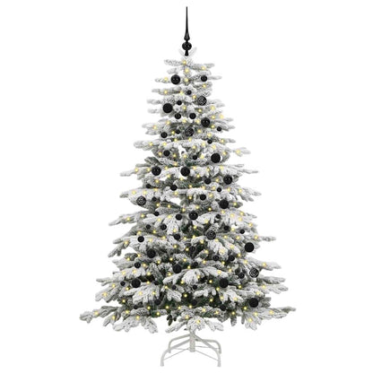Artificial Hinged Christmas Tree White PE and PVC 210 cm with LEDs &black balls