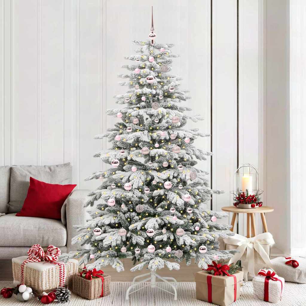 Artificial Hinged Christmas Tree White PE and PVC 210 cm with LEDs &pink balls