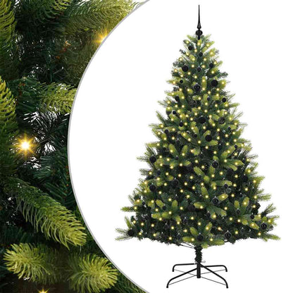 Artificial Hinged Christmas Tree 300 LEDs Green 240 cm with LEDs&black balls