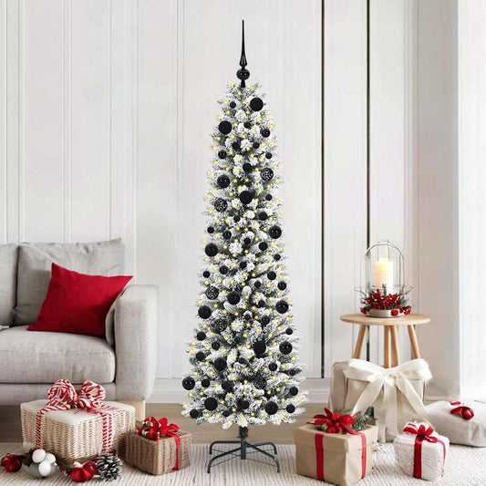 Artificial Christmas Tree White 180 cm with LEDs & black balls