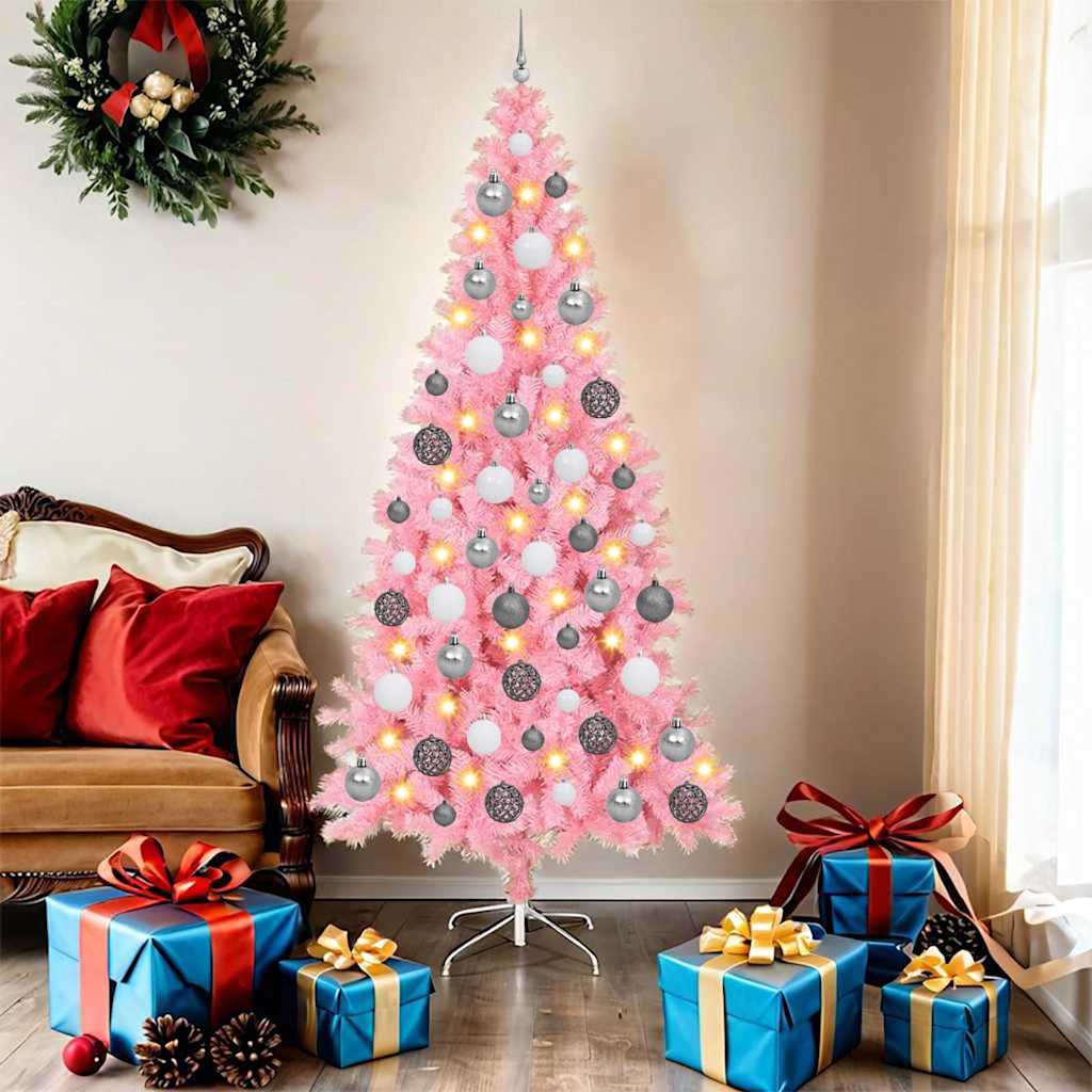 Christmas Tree PVC 180 cm Pink with 300 LEDs&white/grey balls