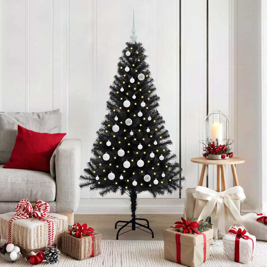 Christmas Tree PVC 150 cm Black with 150 LEDs&white balls