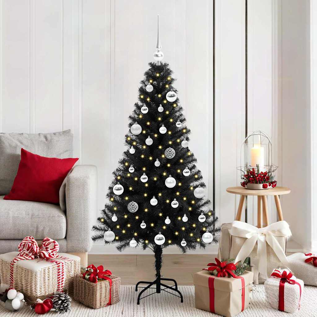 Christmas Tree PVC 150 cm Black with 150 LEDs&silver balls