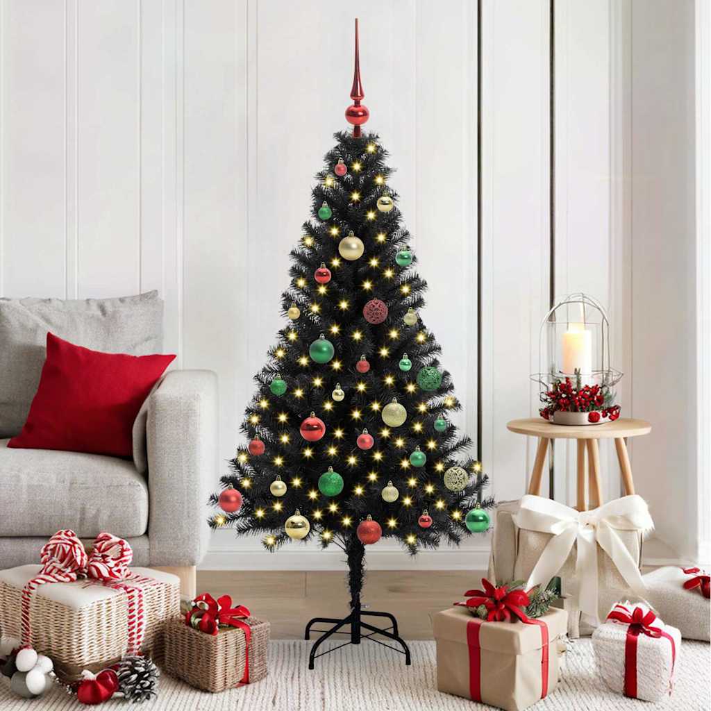 Christmas Tree PVC 150 cm Black with 150 LEDs&multicolour balls