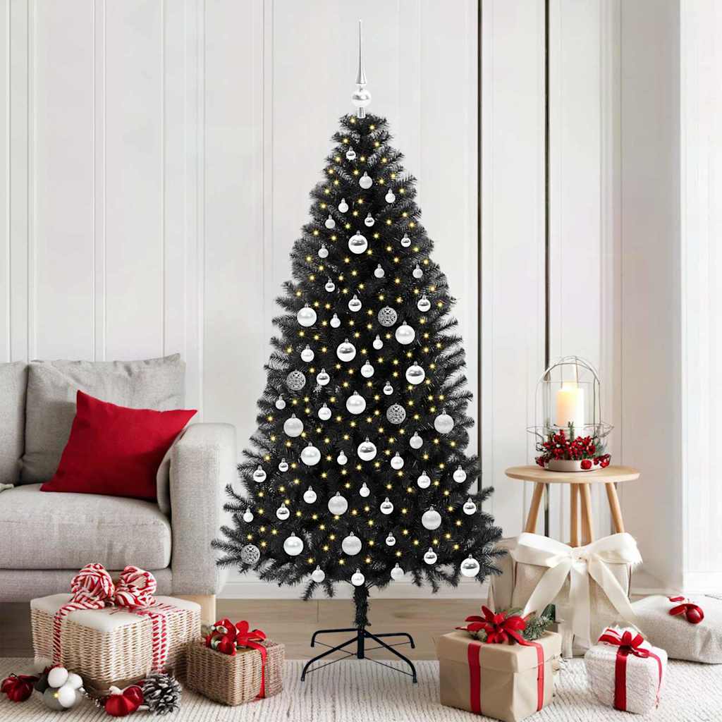 Christmas Tree PVC 180 cm Black with 300 LEDs&silver balls