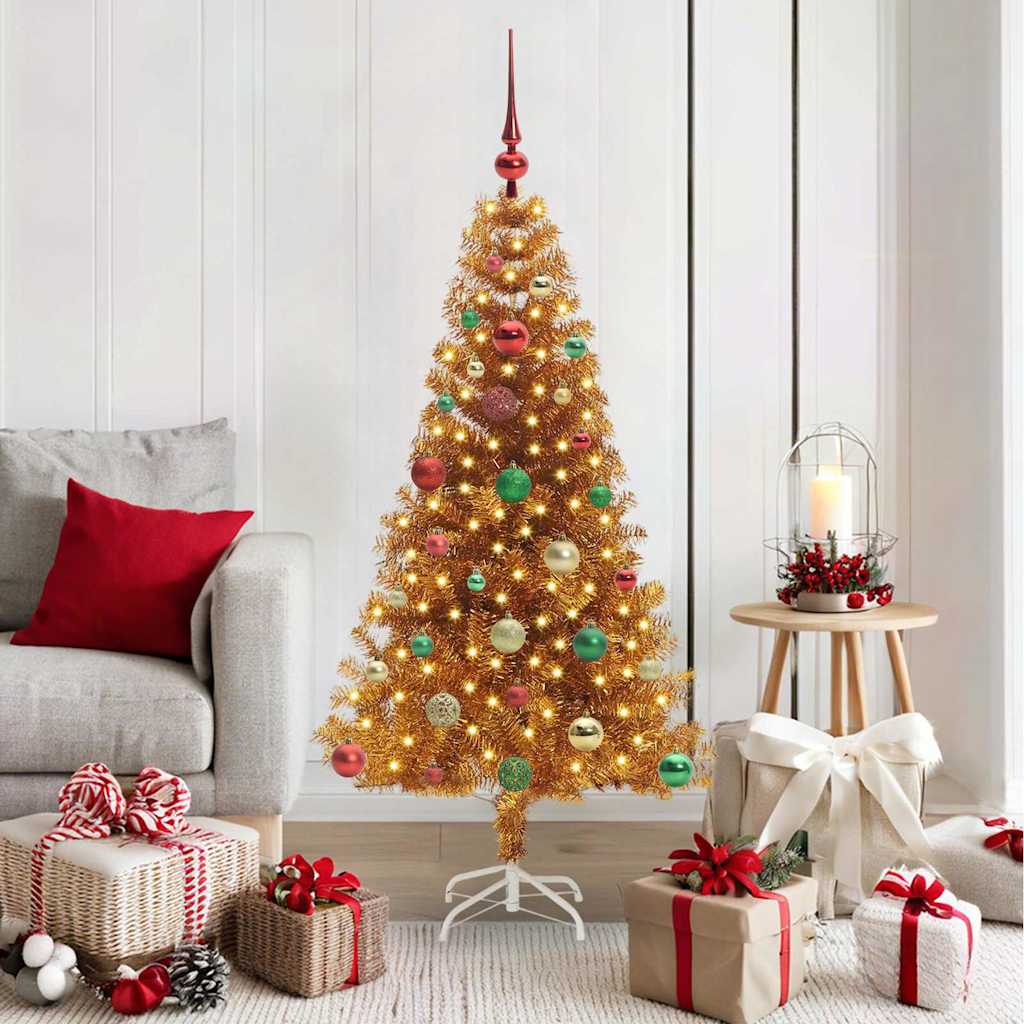 Christmas Tree PET 150 cm Gold with 150 LEDs&multicolour balls