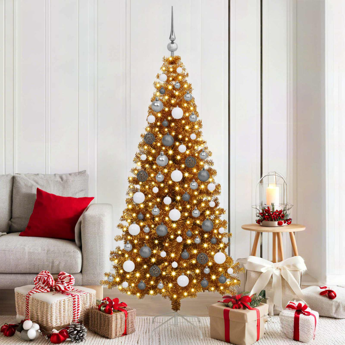 Christmas Tree PET 180 cm Gold with 300 LEDs&white/grey balls