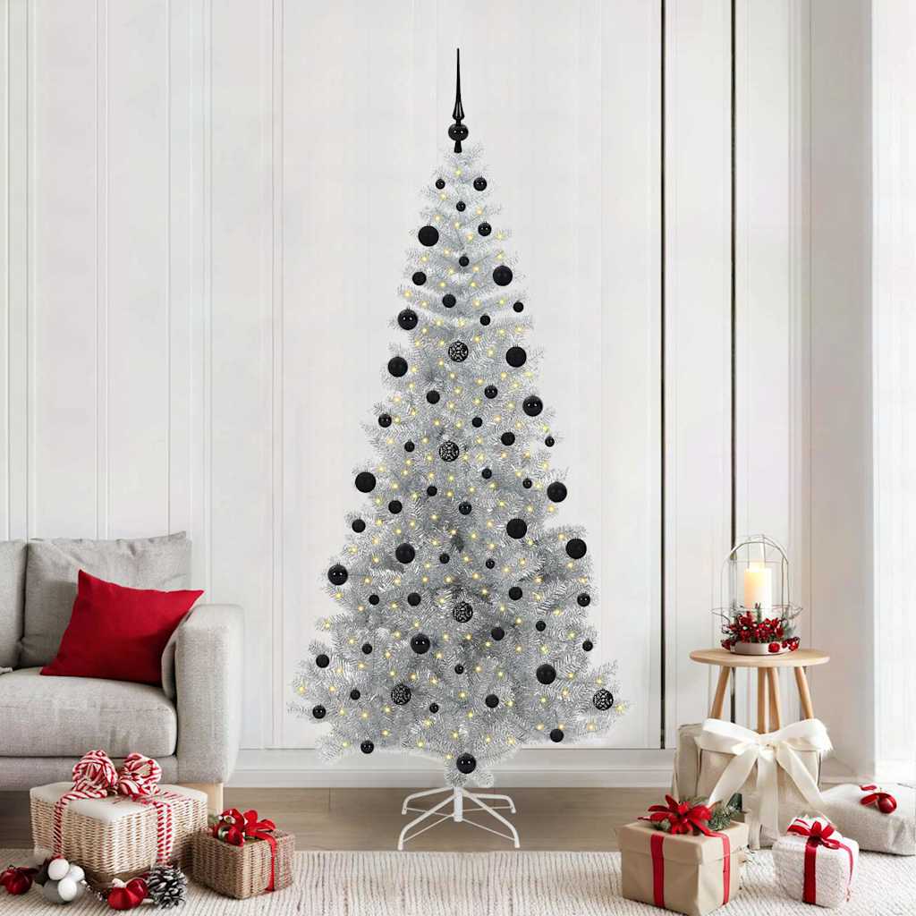 Christmas Tree PET 210 cm Silver with 300 LEDs&black balls