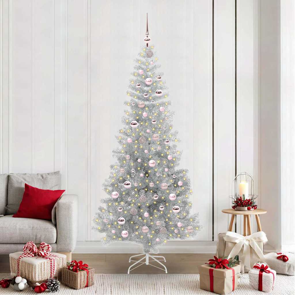 Christmas Tree PET 210 cm Silver with 300 LEDs&pink balls