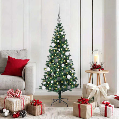 Artificial Pre-lit Christmas Tree Green PVC and Metal 150 cm with leds &white/grey balls