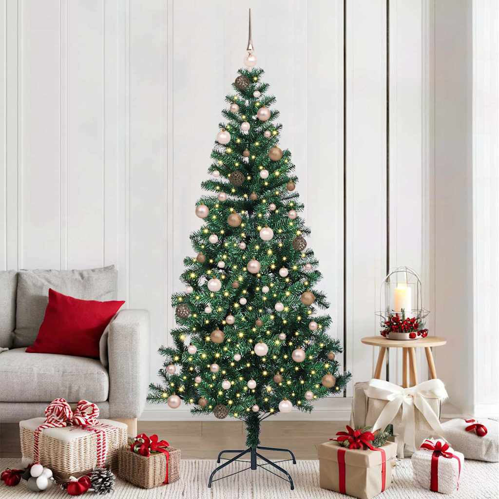 Artificial Pre-lit Christmas Tree Green PVC and Metal 210 cm with leds &rose gold balls