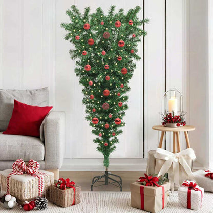 Upside-down Artificial Pre-lit Christmas Tree with Ball Set PVC Width 150 cm with 61 red balls
