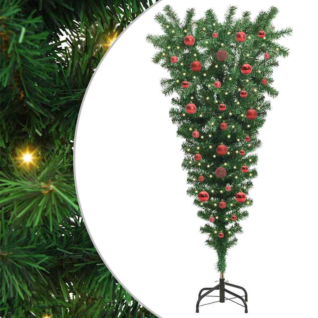 Upside-down Artificial Pre-lit Christmas Tree with Ball Set PVC Width 150 cm with 61 red balls