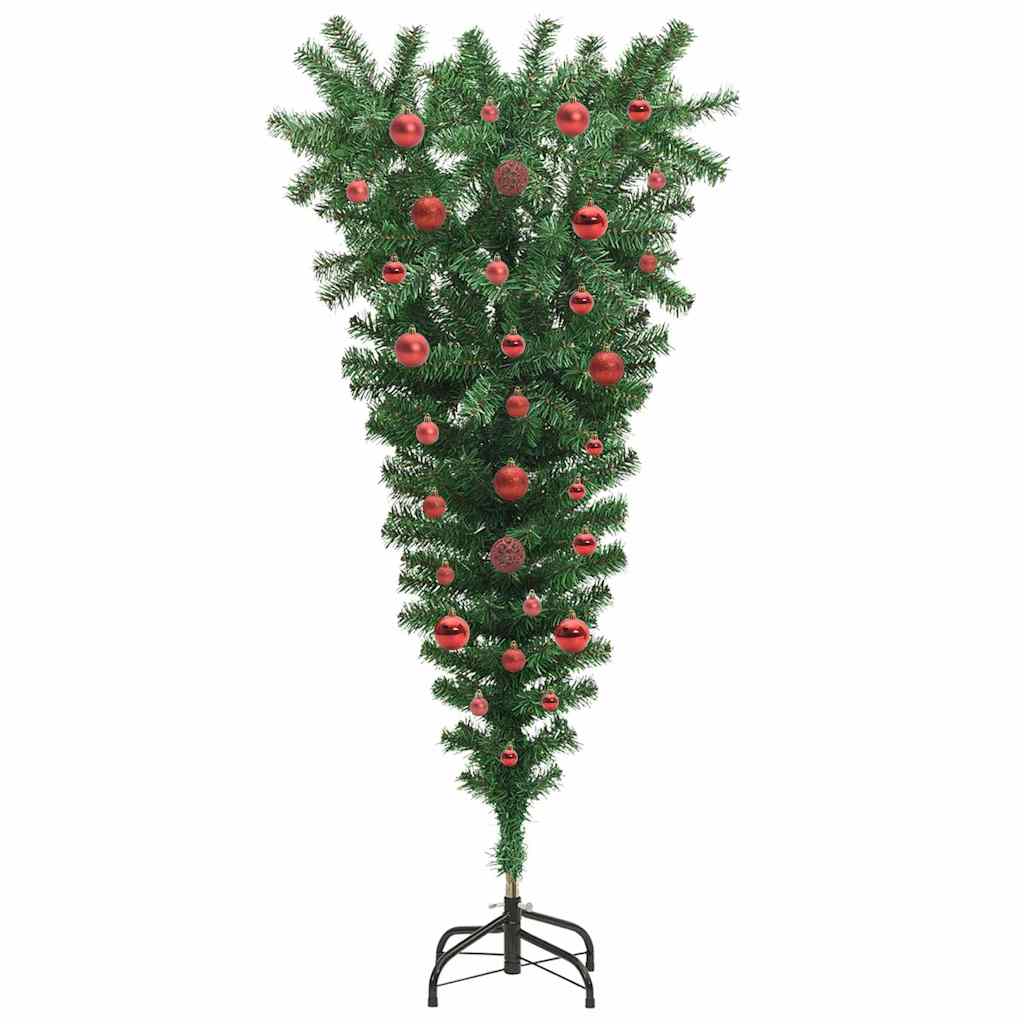 Upside-down Artificial Pre-lit Christmas Tree with Ball Set PVC Width 150 cm with 61 red balls