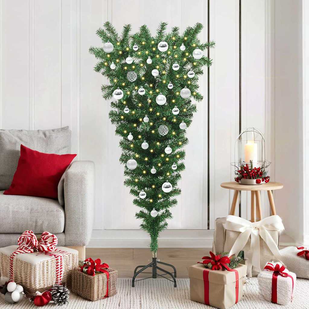 Upside-down Artificial Pre-lit Christmas Tree with Ball Set PVC Width 150 cm with 61 silver balls