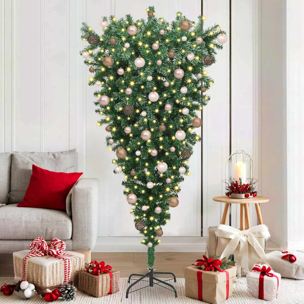 Upside-down Artificial Pre-lit Christmas Tree with Ball Set PVC Width 180 cm with 120 rose gold balls