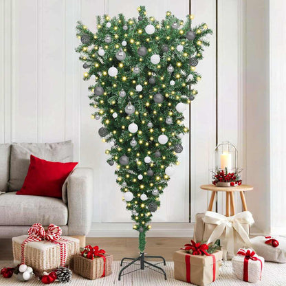Upside-down Artificial Pre-lit Christmas Tree with Ball Set PVC Width 180 cm with 120 white/grey balls