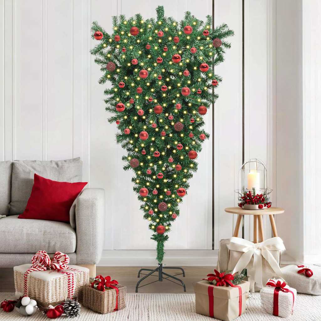 Upside-down Artificial Pre-lit Christmas Tree with Ball Set PVC Width 180 cm with 120 red balls
