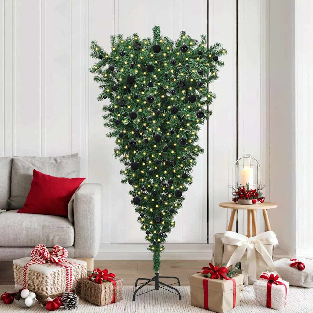 Upside-down Artificial Pre-lit Christmas Tree with Ball Set PVC Width 180 cm with 120 black balls