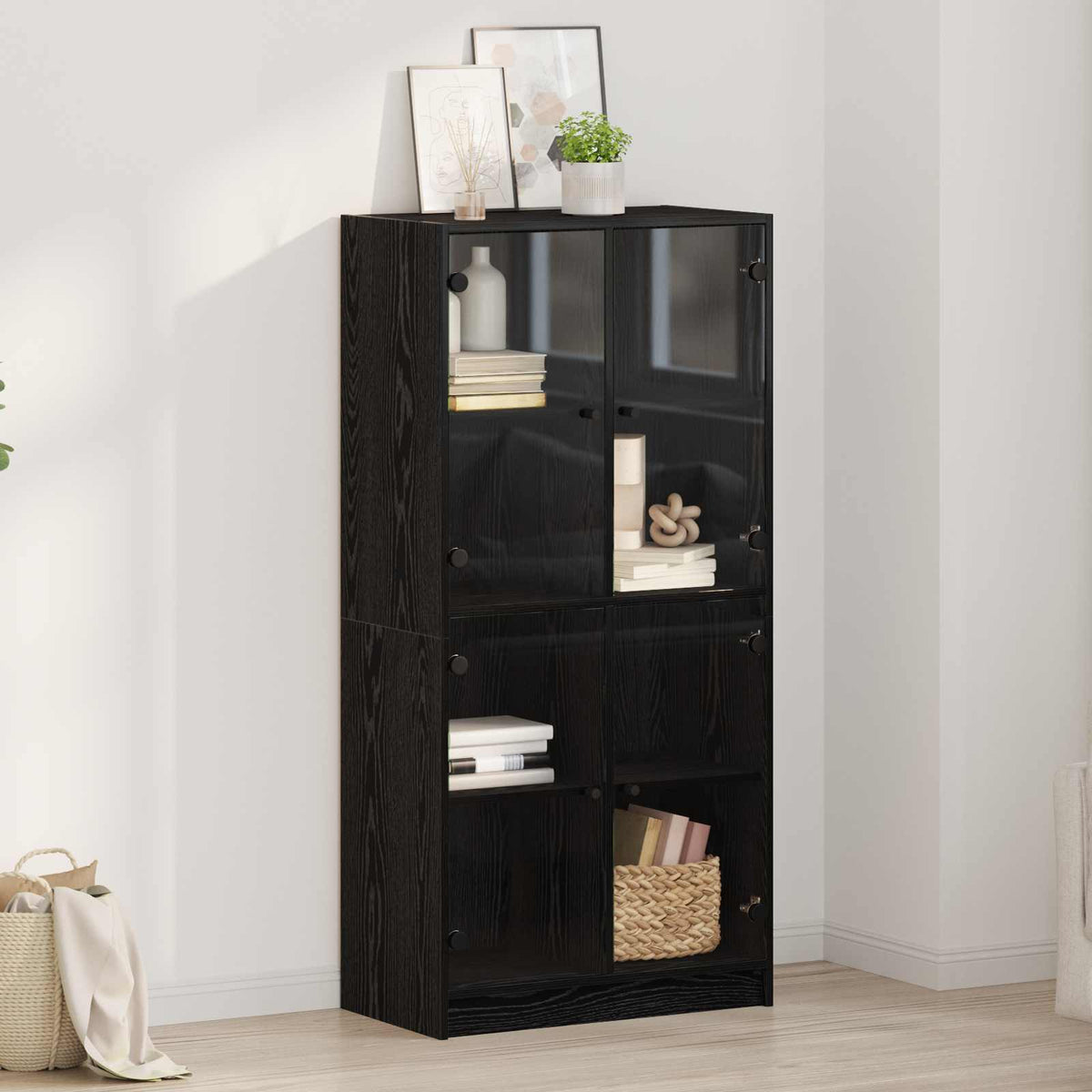 Bookcase with Doors 136x37x142 cm Engineered Wood Black oak 68 cm