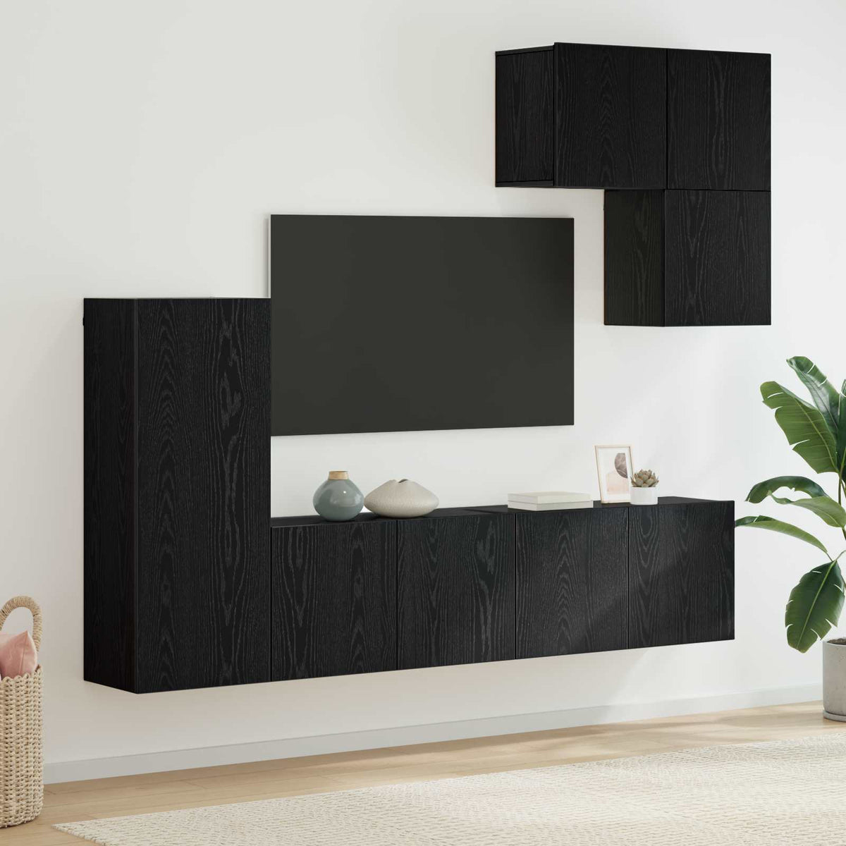 5 Piece TV Wall Units Engineered Wood Black oak