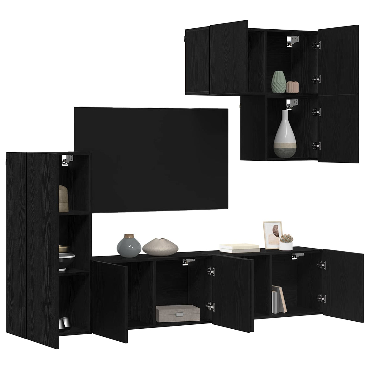 5 Piece TV Wall Units Engineered Wood Black oak