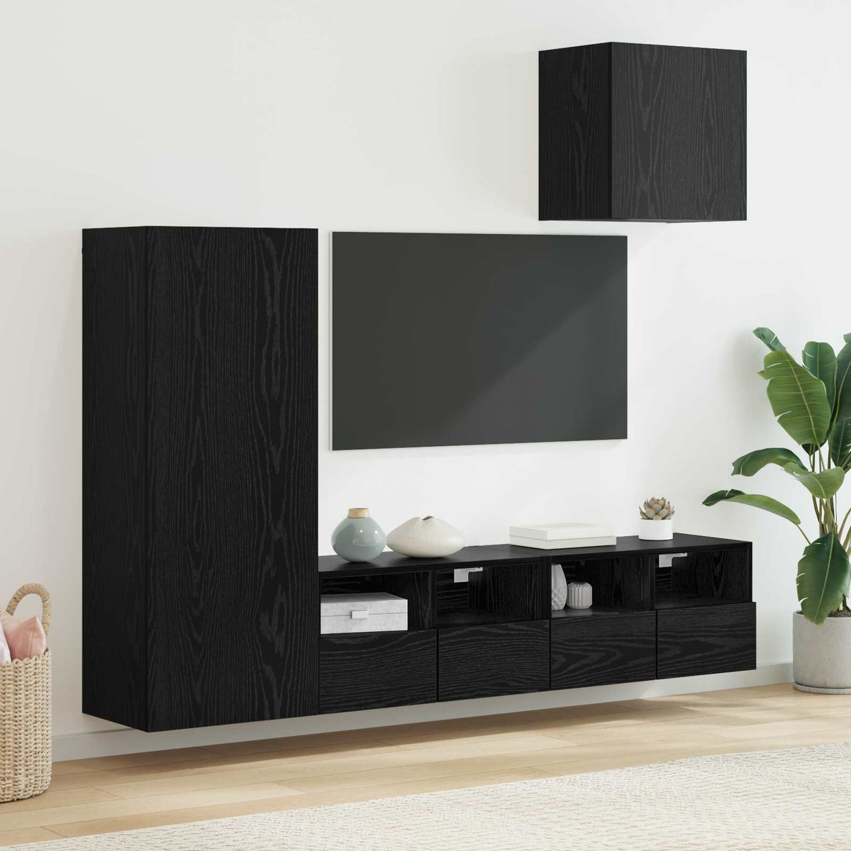 4 Piece TV Wall Units Engineered Wood Black oak