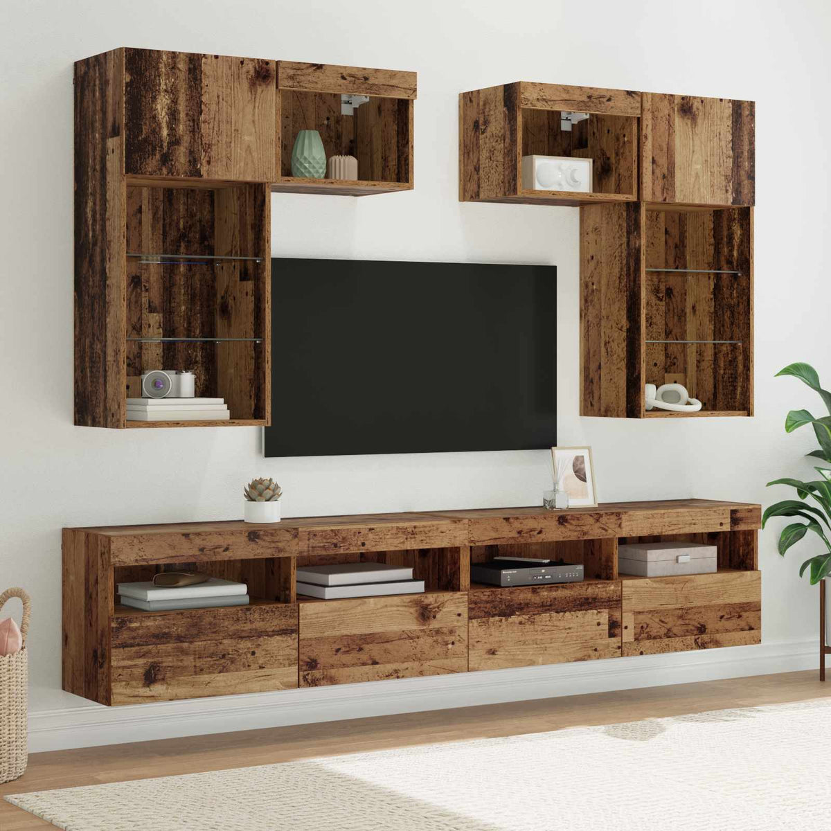 5 Piece TV Wall Units with LED Engineered Wood Old wood