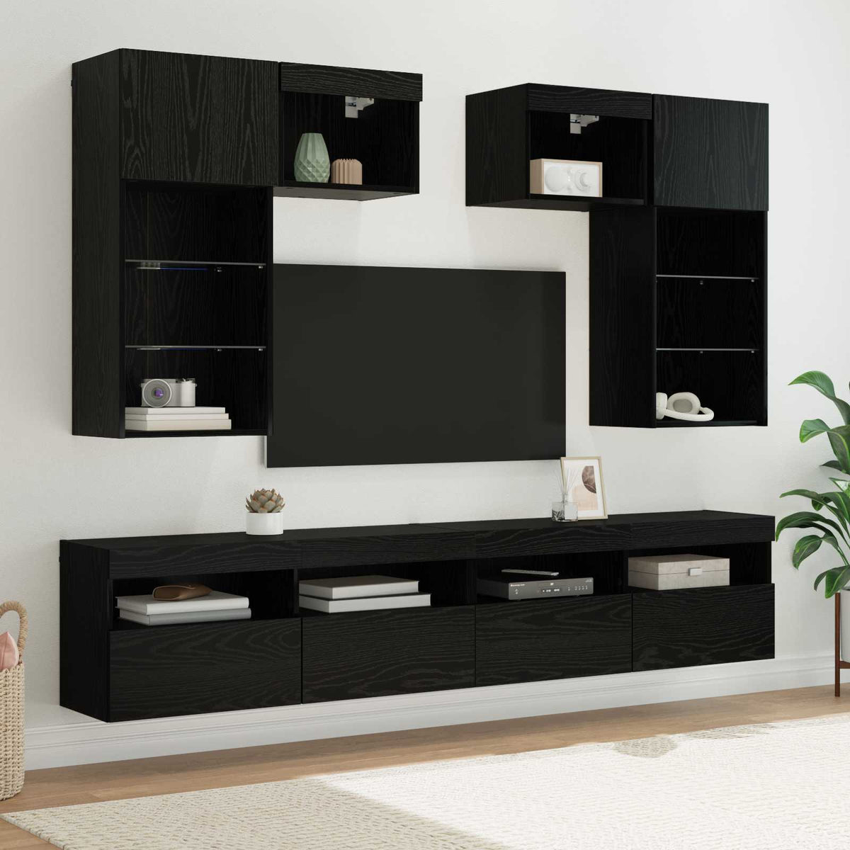 5 Piece TV Wall Units with LED Engineered Wood Black oak