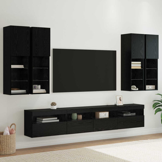 7 Piece TV Wall Cabinet Set with LED Lights Black oak