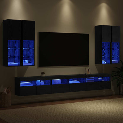 7 Piece TV Wall Cabinet Set with LED Lights Black oak