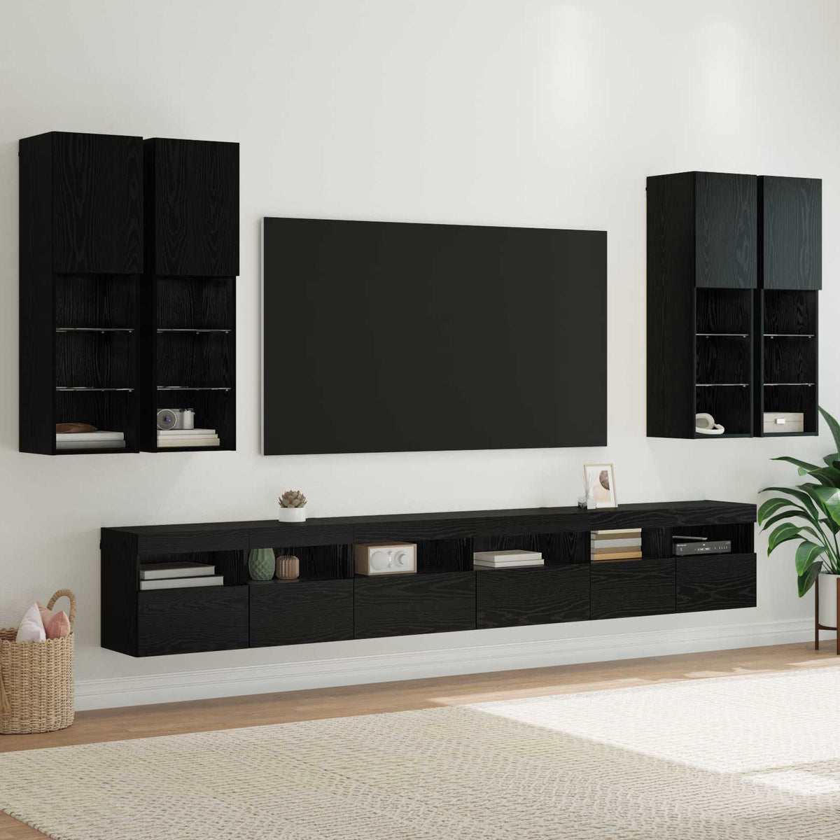 7 Piece TV Wall Cabinet Set with LED Lights Black oak