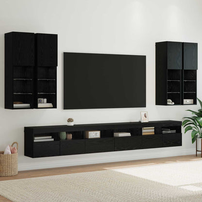 7 Piece TV Wall Cabinet Set with LED Lights Black oak