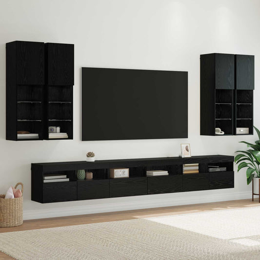 7 Piece TV Wall Cabinet Set with LED Lights Black oak