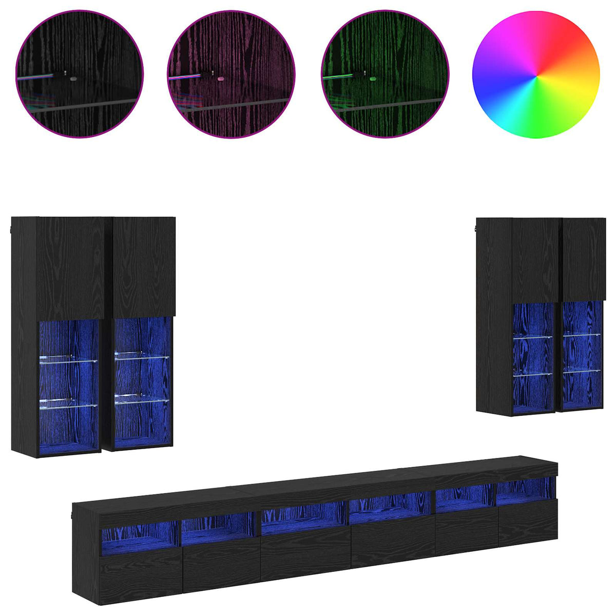 7 Piece TV Wall Cabinet Set with LED Lights Black oak