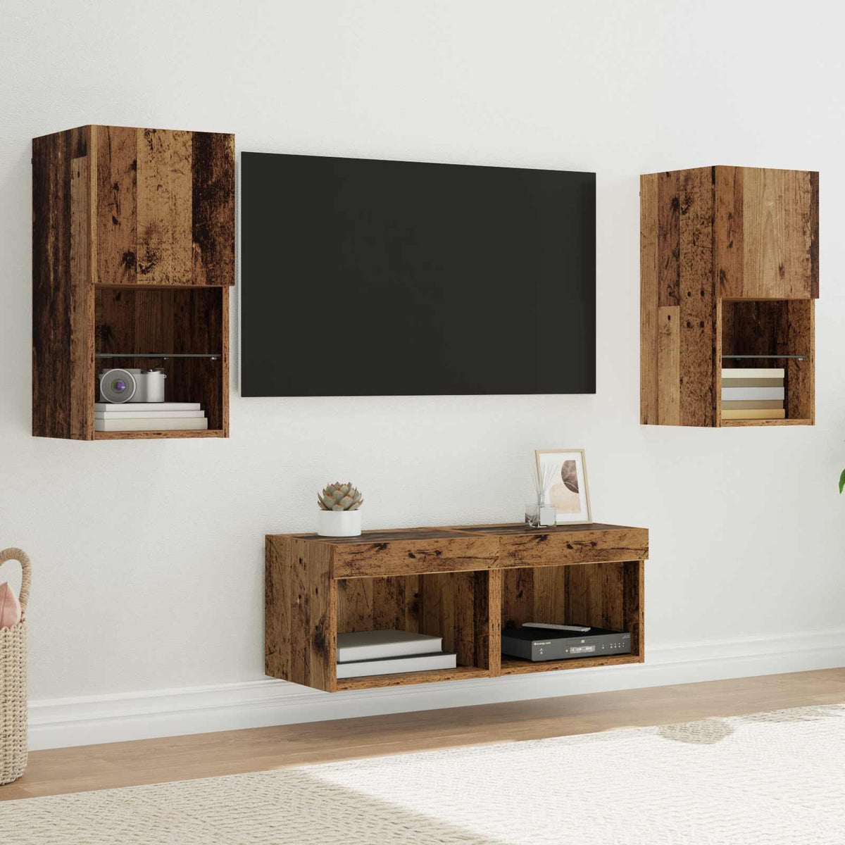 4 Piece TV Wall Cabinets with LED Lights Old wood