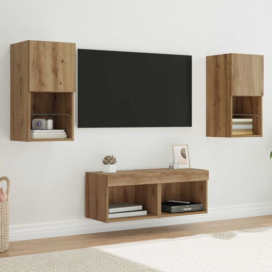 4 Piece TV Wall Cabinets with LED Lights Artisan oak