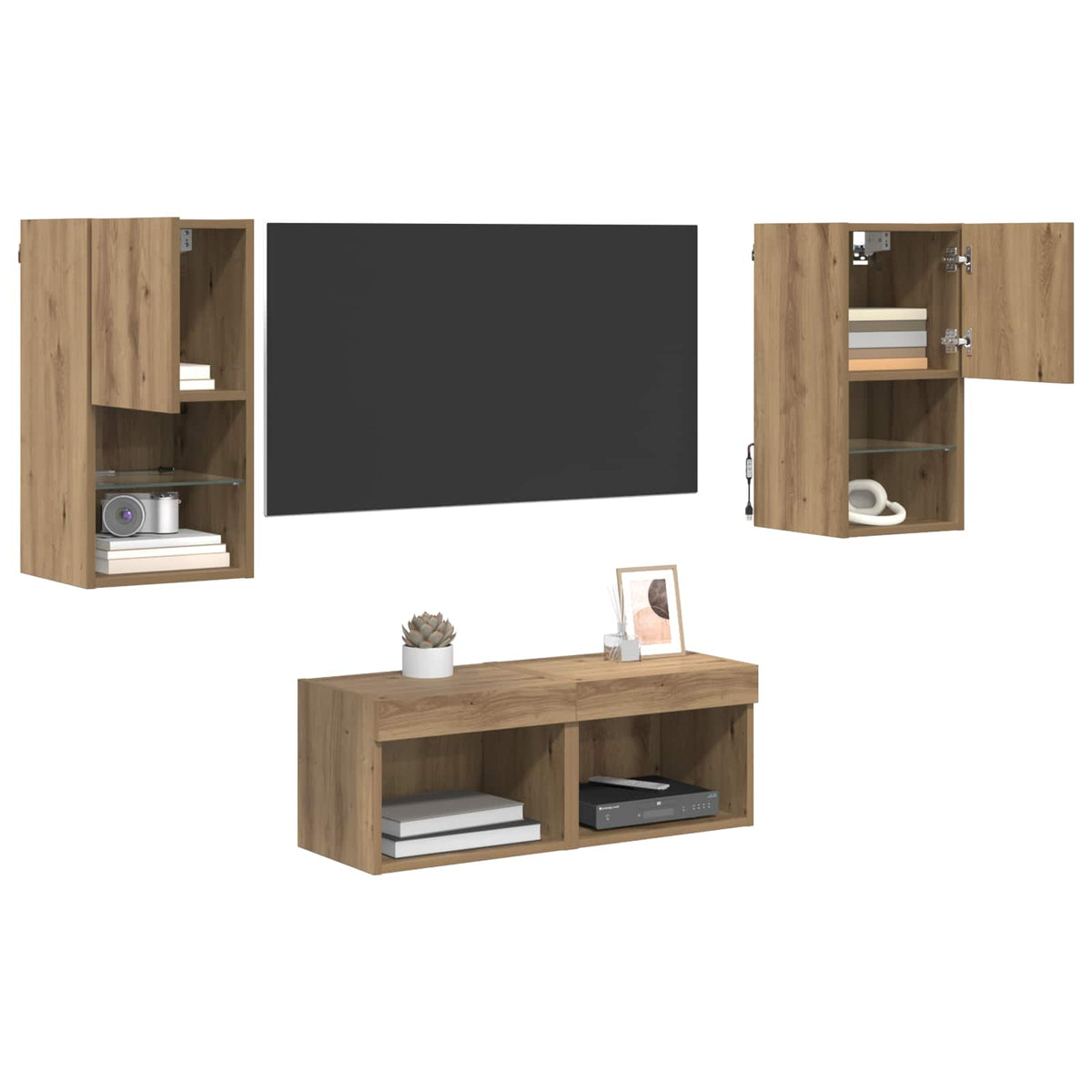 4 Piece TV Wall Cabinets with LED Lights Artisan oak