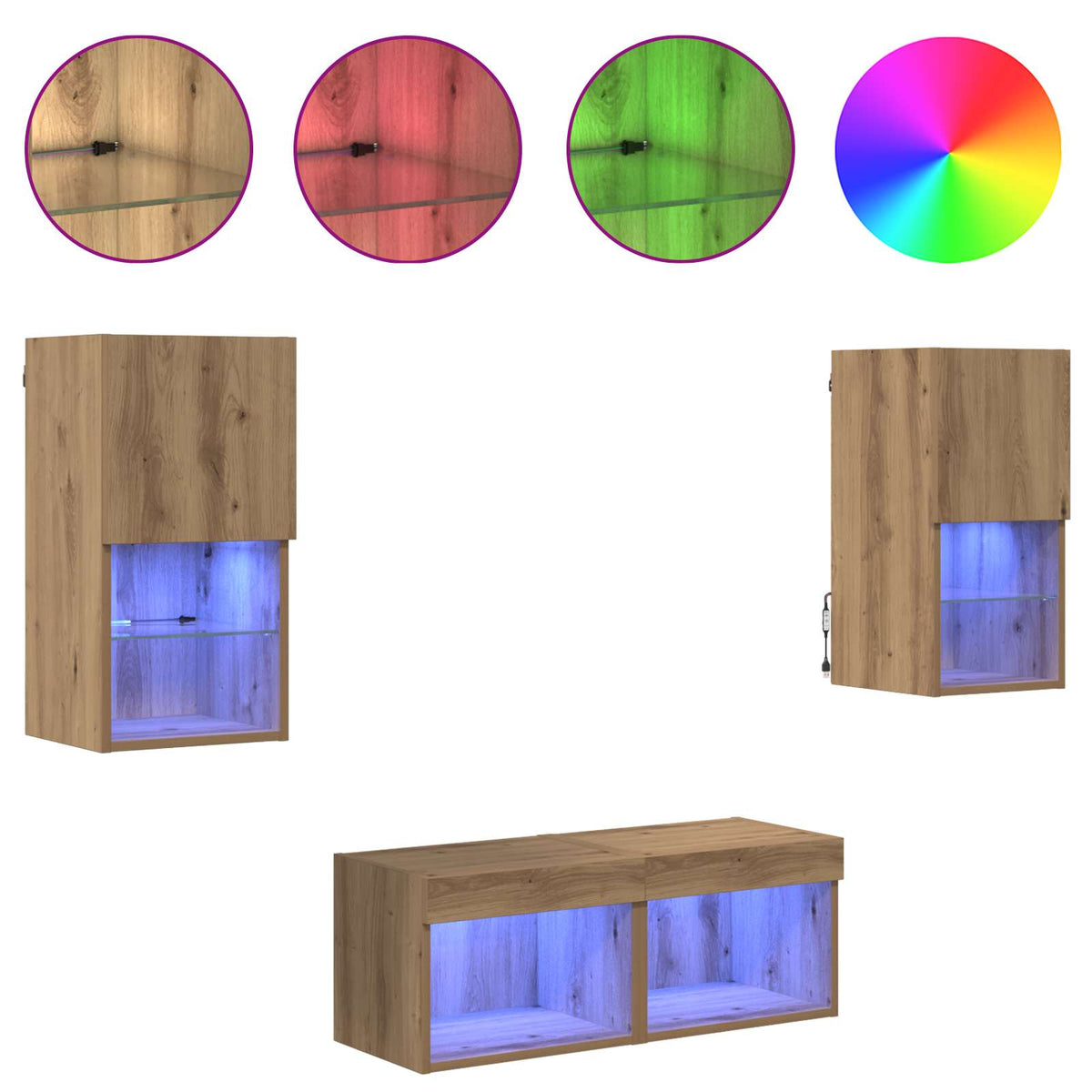 4 Piece TV Wall Cabinets with LED Lights Artisan oak