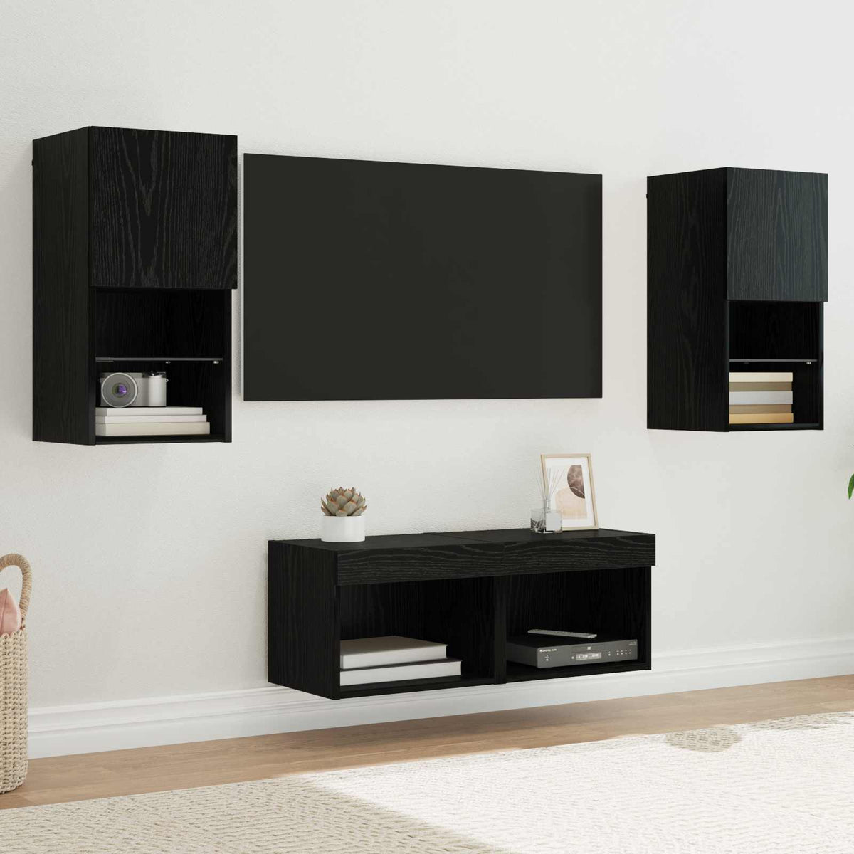 4 Piece TV Wall Cabinets with LED Lights Black oak