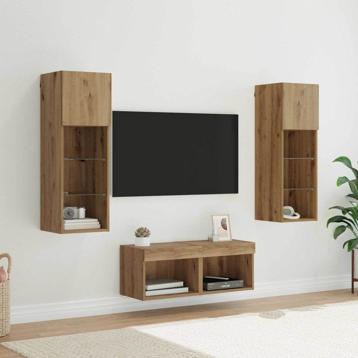 4 Piece TV Wall Cabinets with LED Lights Artisan oak