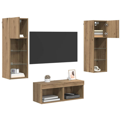 4 Piece TV Wall Cabinets with LED Lights Artisan oak
