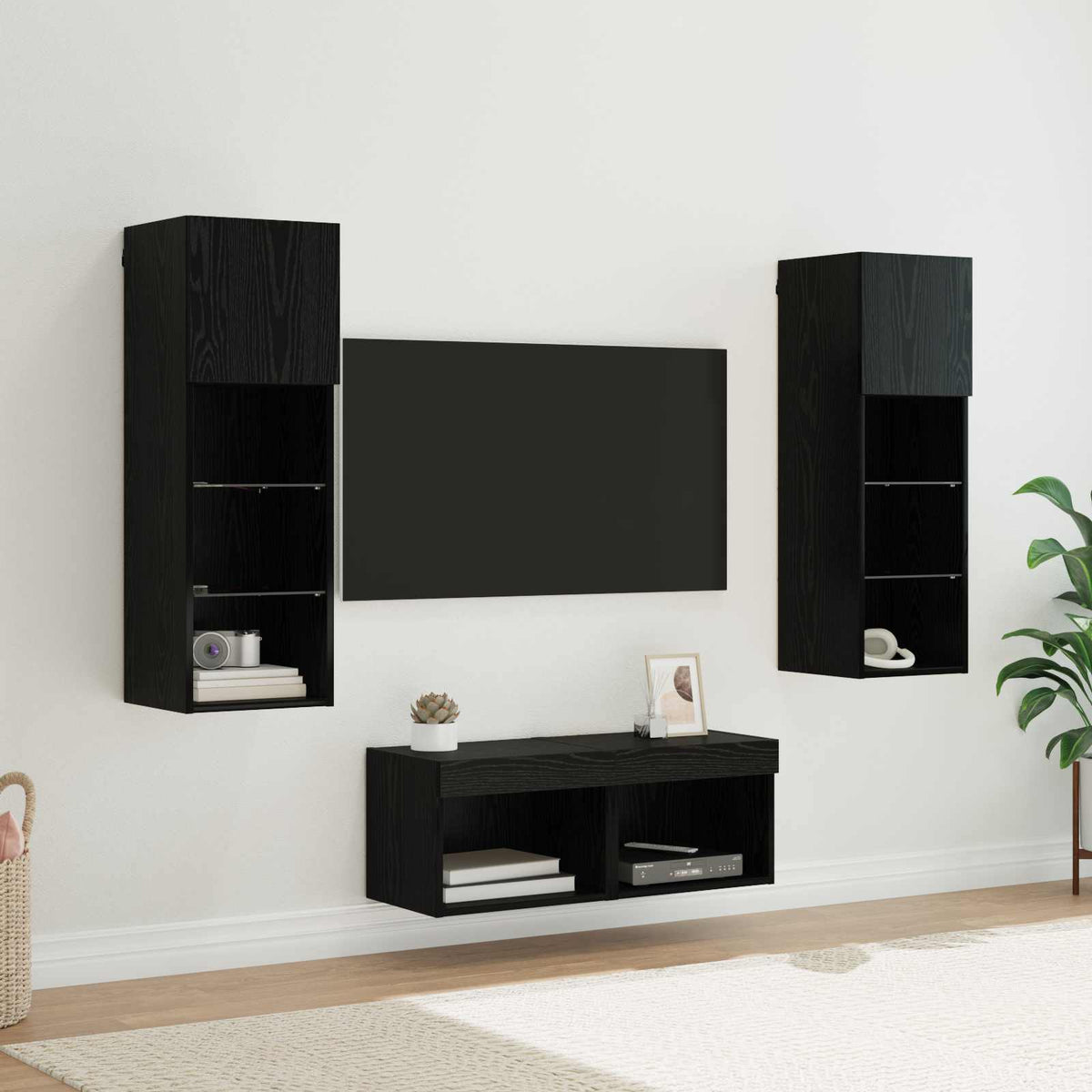 4 Piece TV Wall Cabinets with LED Lights Black oak