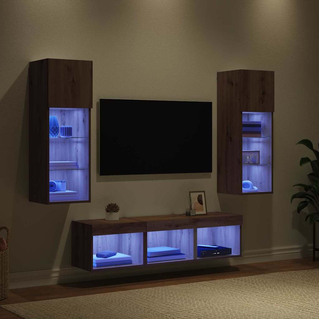 5 Piece TV Wall Units with LED Engineered Wood Artisan oak