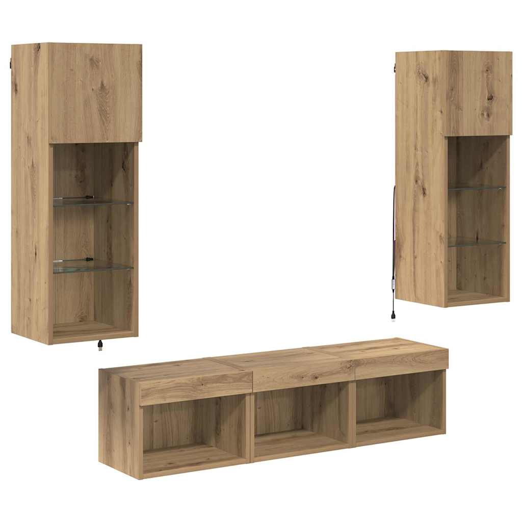 5 Piece TV Wall Units with LED Engineered Wood Artisan oak