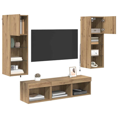 5 Piece TV Wall Units with LED Engineered Wood Artisan oak