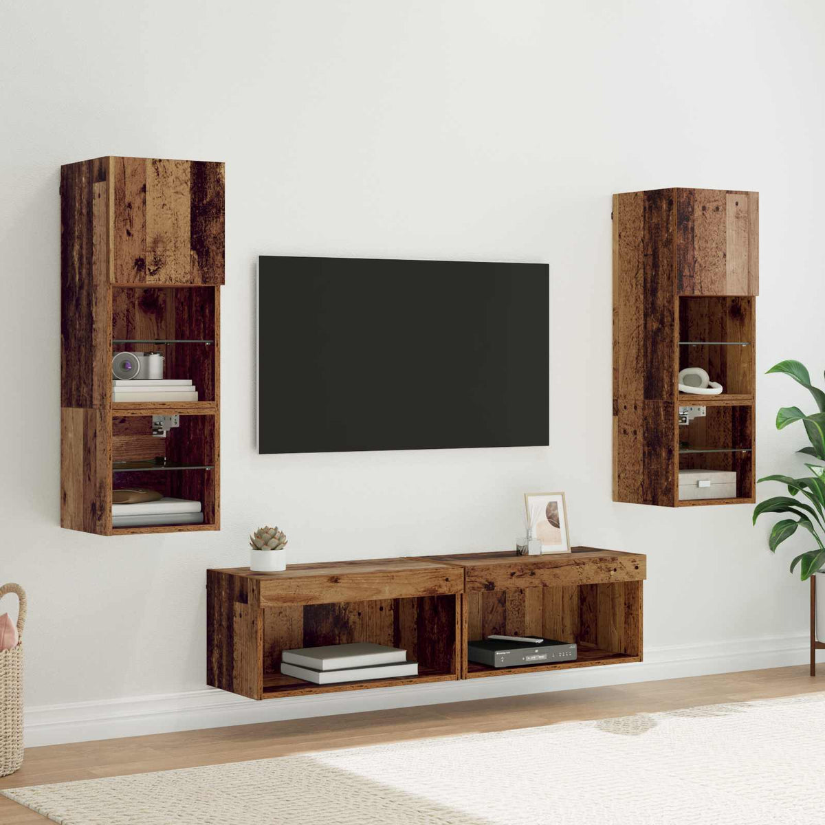 6 Piece TV Wall Units with LED Engineered Wood Old wood